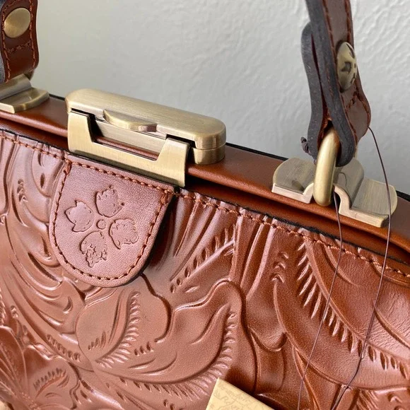 NWT Patricia Nash Gracchi Florence Tooled Leather Frame Satchel Brown P38407 - Picture 4 of 15